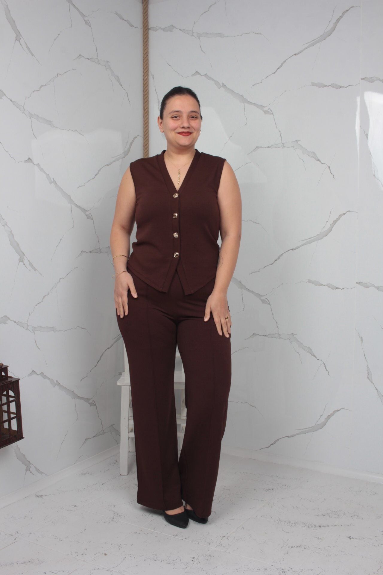 Kahverengi Yelekli Takım Büyük Beden Likralı Krep Kumaş 42-50 Beden