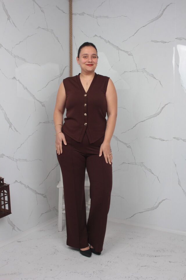 Kahverengi Yelekli Takım Büyük Beden Likralı Krep Kumaş 42-50 Beden