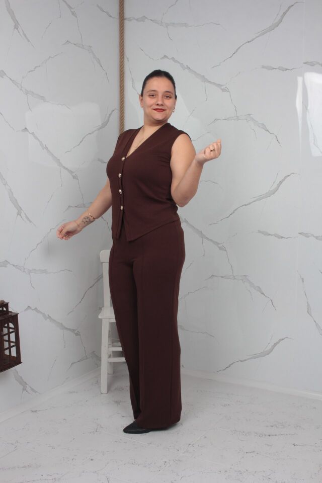 Kahverengi Yelekli Takım Büyük Beden Likralı Krep Kumaş 42-50 Beden