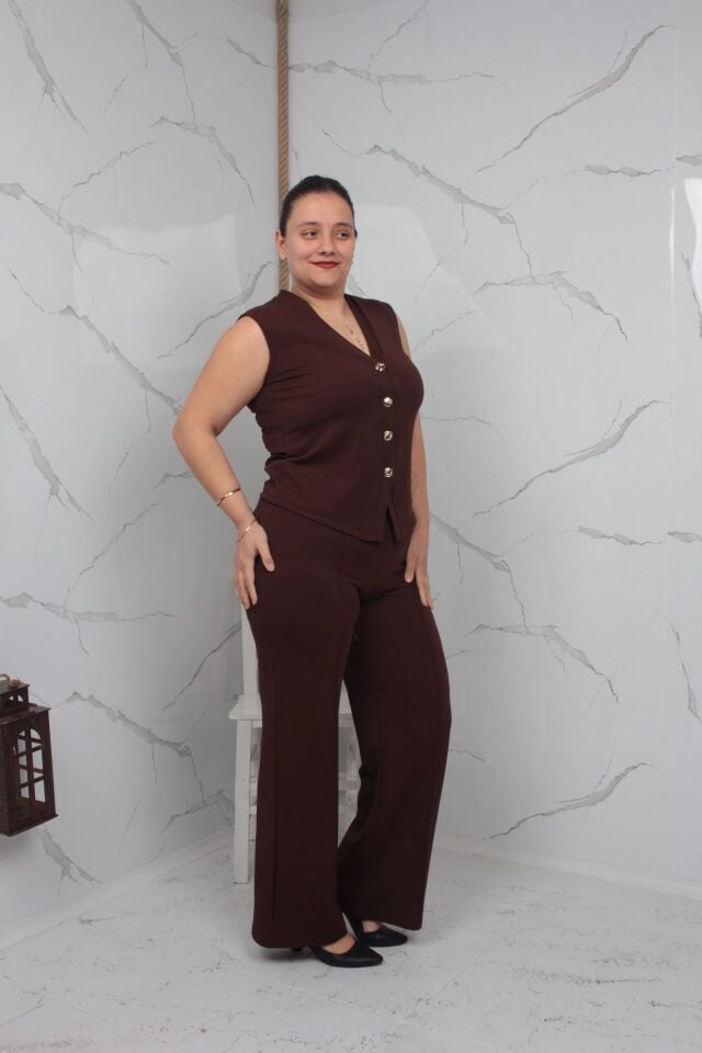 Kahverengi Yelekli Takım Büyük Beden Likralı Krep Kumaş 42-50 Beden