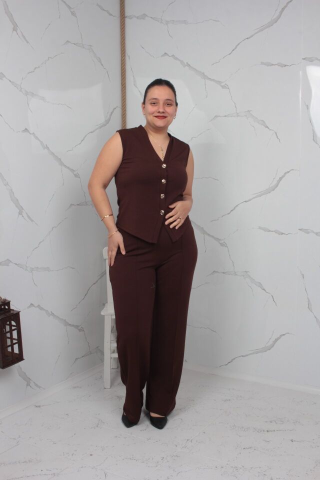 Kahverengi Yelekli Takım Büyük Beden Likralı Krep Kumaş 42-50 Beden