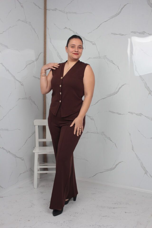 Kahverengi Yelekli Takım Büyük Beden Likralı Krep Kumaş 42-50 Beden