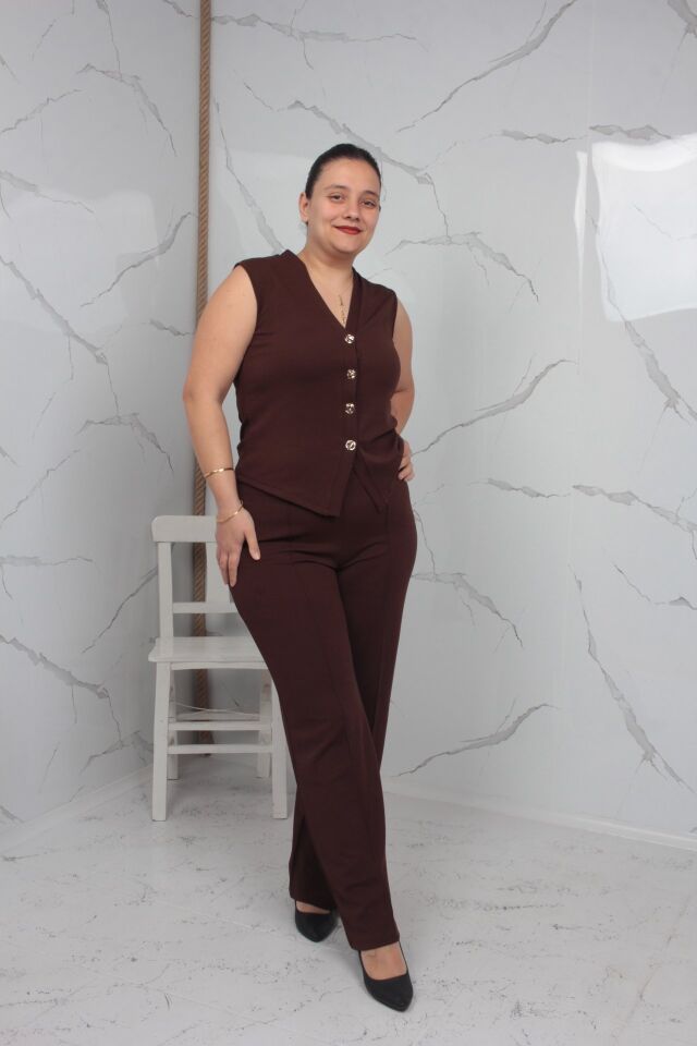 Kahverengi Yelekli Takım Büyük Beden Likralı Krep Kumaş 42-50 Beden