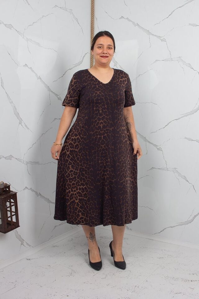 Kahverengi Leopar Desenli V Yaka Midi Elbise