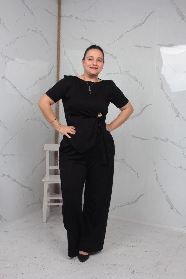 Toka Detaylı Siyah Bluz Pantolon Takımı Likralı Bol Paça