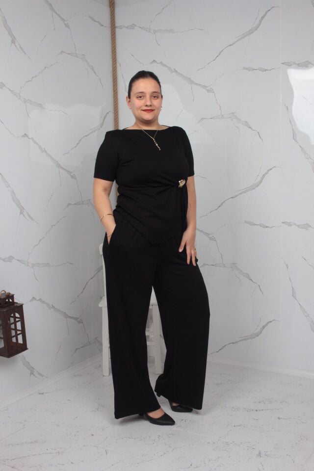 Toka Detaylı Siyah Bluz Pantolon Takımı Likralı Bol Paça