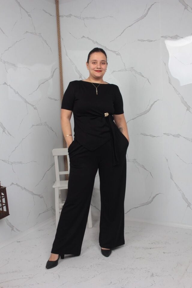 Toka Detaylı Siyah Bluz Pantolon Takımı Likralı Bol Paça