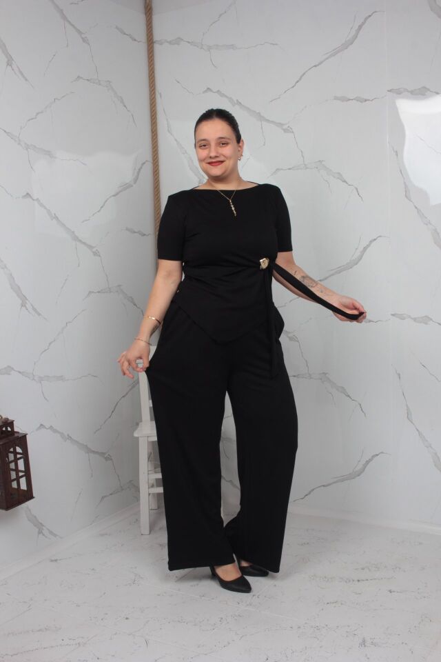 Toka Detaylı Siyah Bluz Pantolon Takımı Likralı Bol Paça