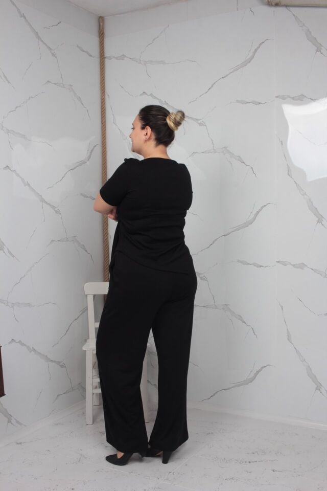 Toka Detaylı Siyah Bluz Pantolon Takımı Likralı Bol Paça