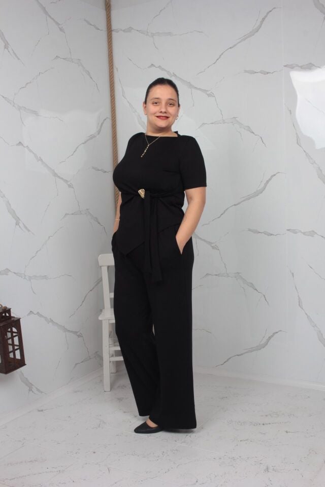 Toka Detaylı Siyah Bluz Pantolon Takımı Likralı Bol Paça