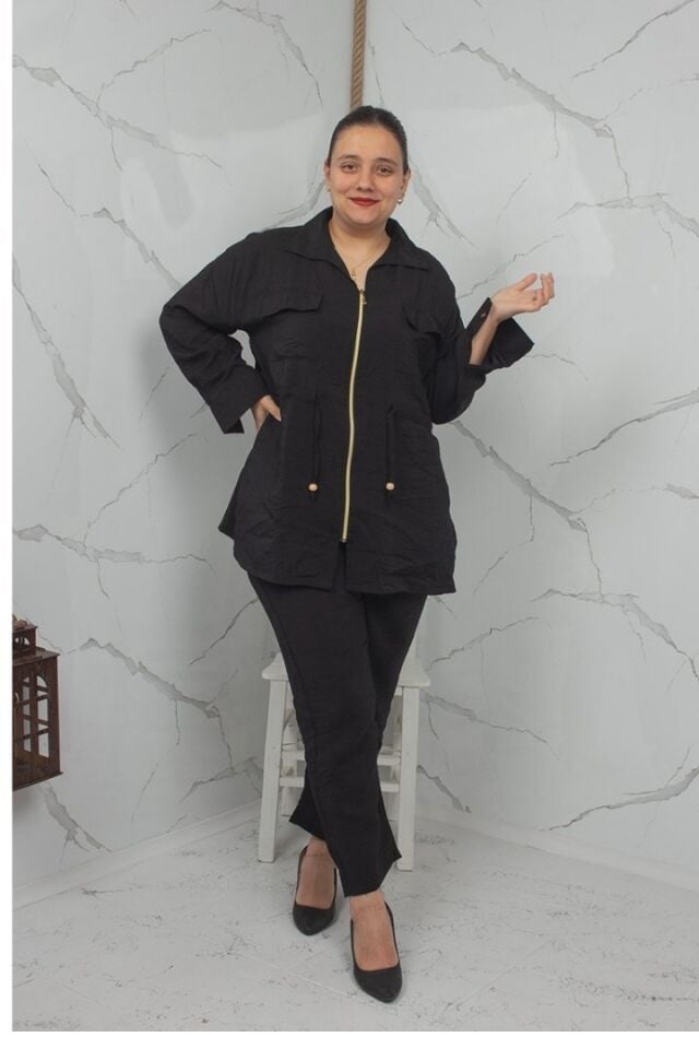 Siyah Fermuarlı Liliy Modal Büyük Beden Kadın Takım