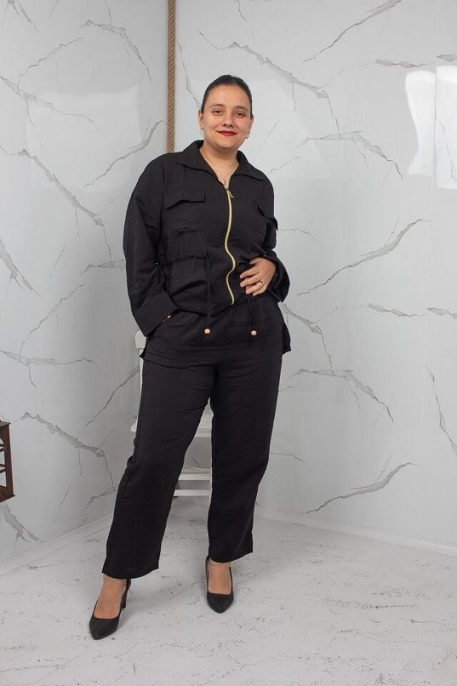 Siyah Fermuarlı Liliy Modal Büyük Beden Kadın Takım