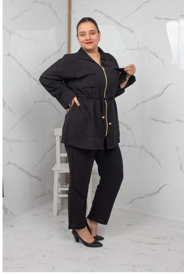 Siyah Fermuarlı Liliy Modal Büyük Beden Kadın Takım