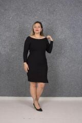 Büyük Beden Kadın Giyim Kayık Yaka Fitilli Tek Taraf Yırtmaçlı Büyük Beden Siyah Elbise