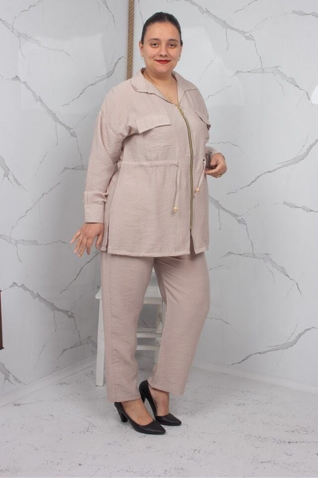 Krem Fermuarlı Liliy Modal Büyük Beden Kadın Takım