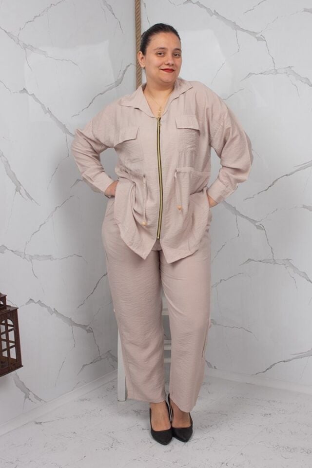 Krem Fermuarlı Liliy Modal Büyük Beden Kadın Takım