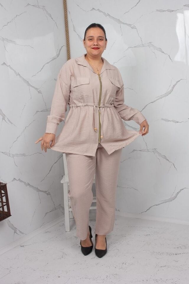 Krem Fermuarlı Liliy Modal Büyük Beden Kadın Takım