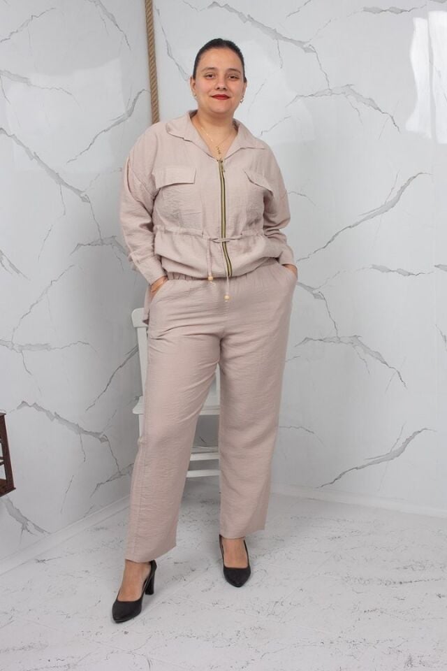 Krem Fermuarlı Liliy Modal Büyük Beden Kadın Takım