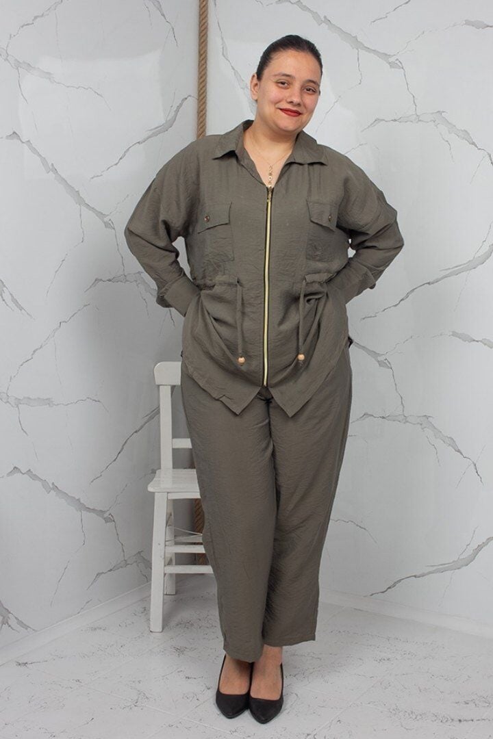 Haki Fermuarlı Liliy Modal Büyük Beden Kadın Takım