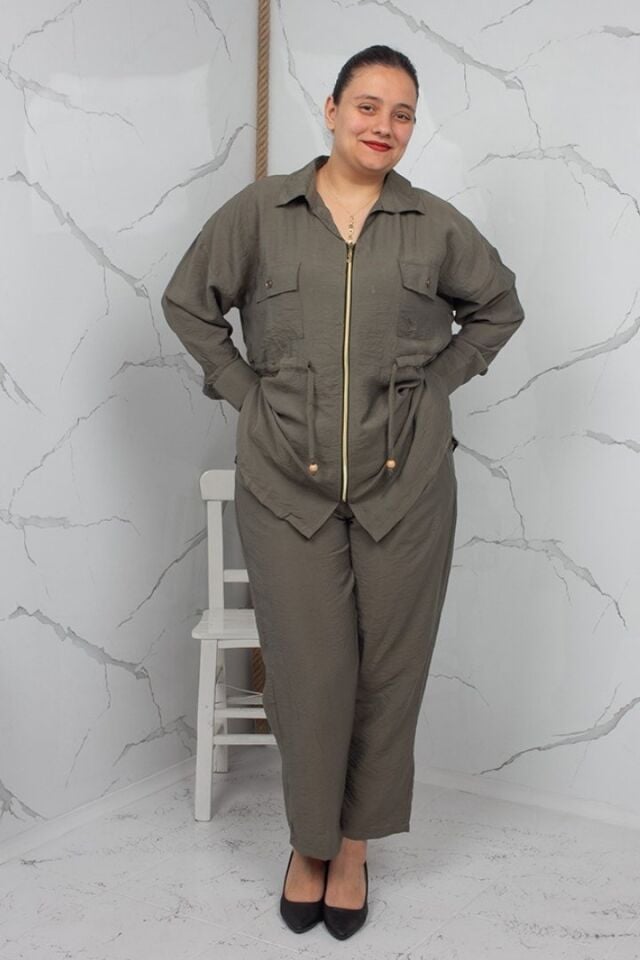 Haki Fermuarlı Liliy Modal Büyük Beden Kadın Takım