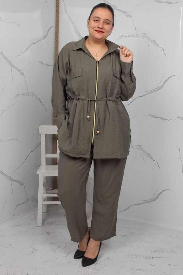 Haki Fermuarlı Liliy Modal Büyük Beden Kadın Takım