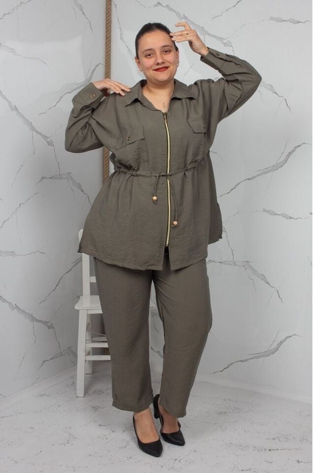 Haki Fermuarlı Liliy Modal Büyük Beden Kadın Takım