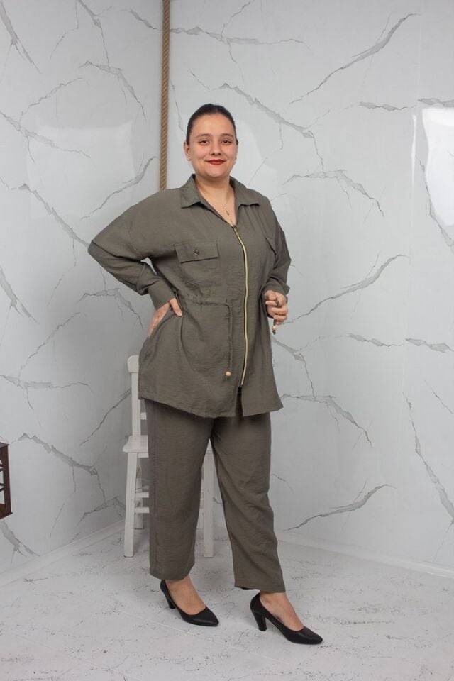 Haki Fermuarlı Liliy Modal Büyük Beden Kadın Takım