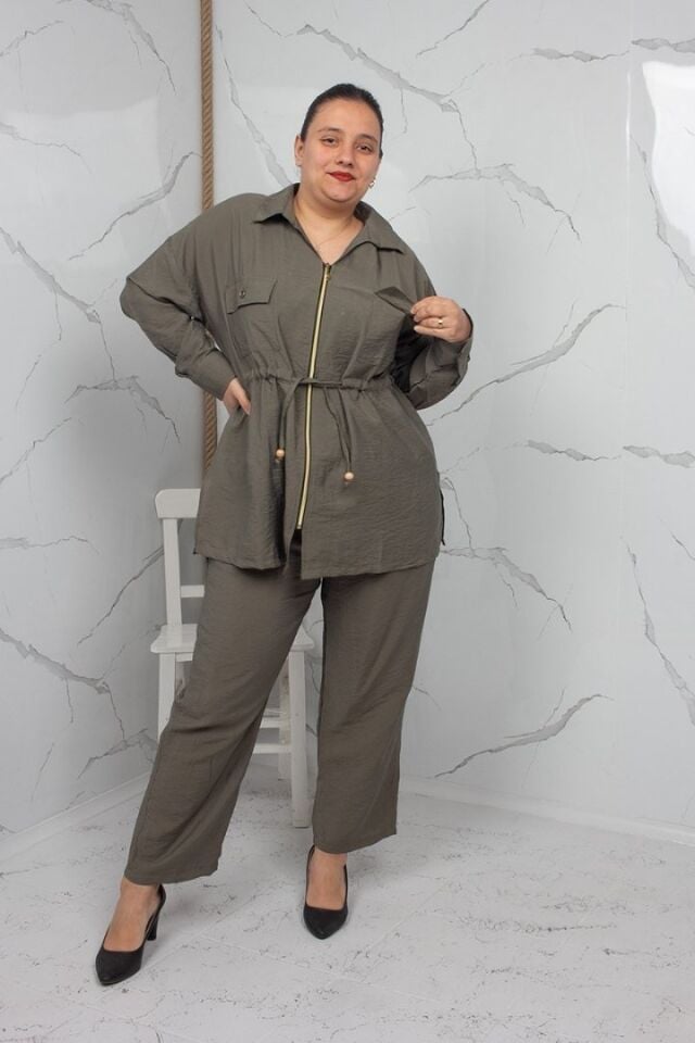 Haki Fermuarlı Liliy Modal Büyük Beden Kadın Takım