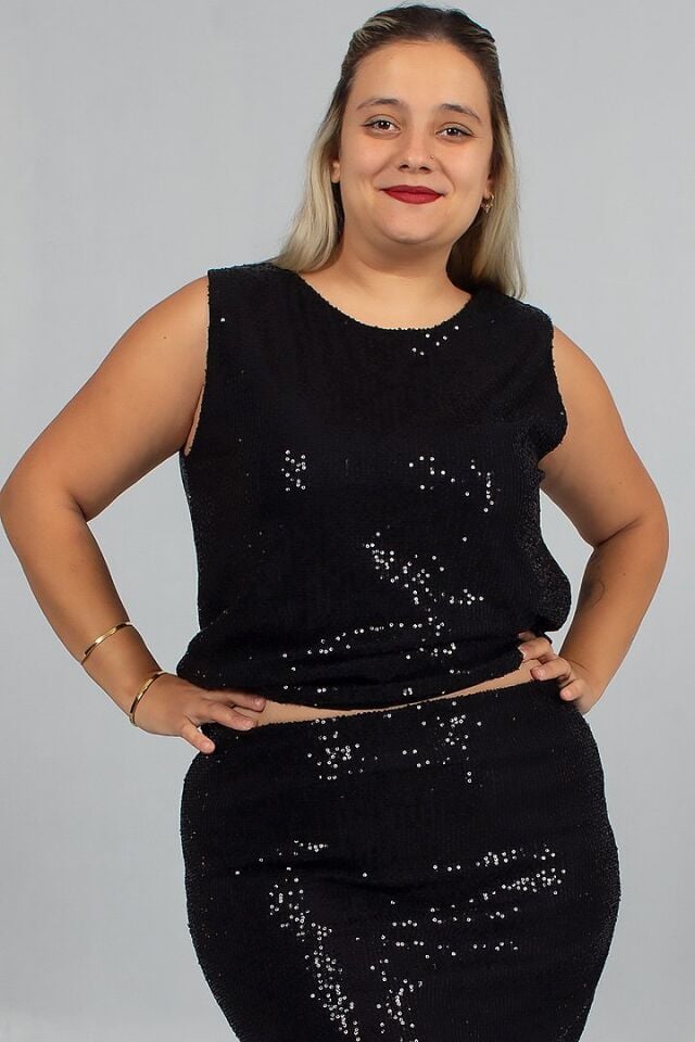 Büyük Beden Pul Payet Astarlı Bluz Siyah Şık ve Işıltılı