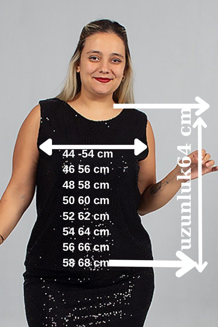 Büyük Beden Pul Payet Astarlı Bluz Siyah Şık ve Işıltılı