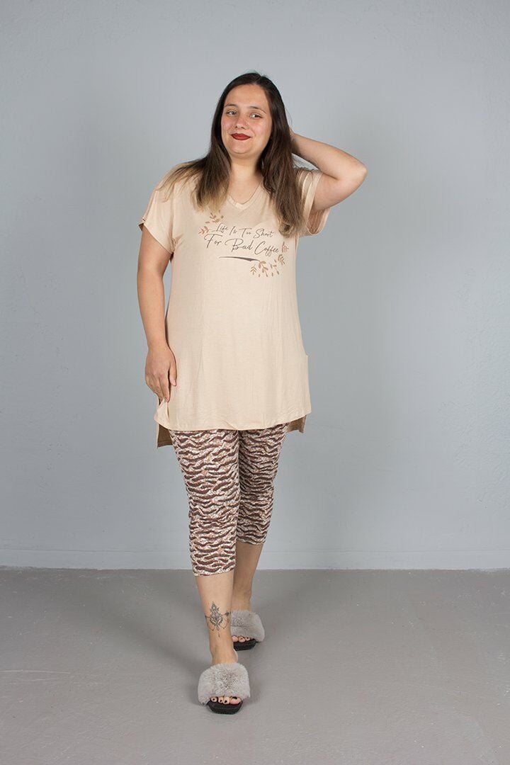 Büyük Beden Üst Tunik V Yaka Tunikli Kaprili Pijama Takım