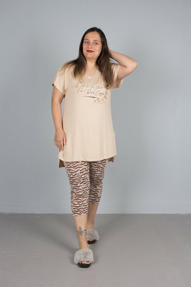 Büyük Beden Üst Tunik V Yaka Tunikli Kaprili Pijama Takım