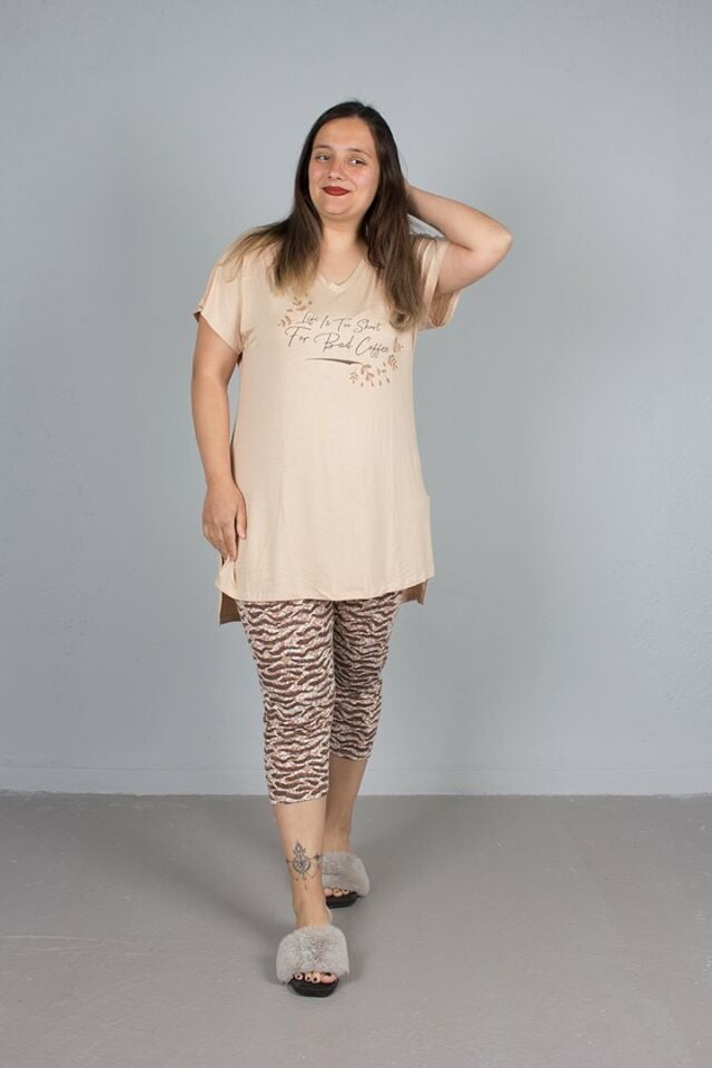 Büyük Beden Üst Tunik V Yaka Tunikli Kaprili Pijama Takım