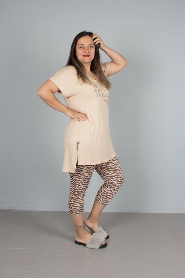Büyük Beden Üst Tunik V Yaka Tunikli Kaprili Pijama Takım