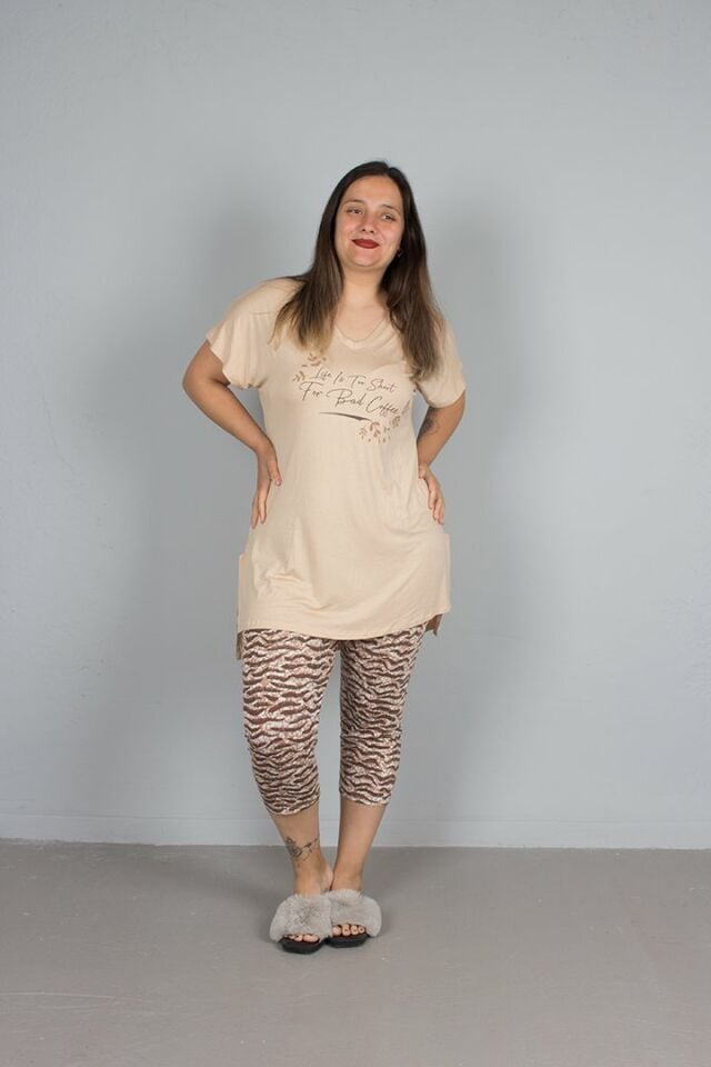 Büyük Beden Üst Tunik V Yaka Tunikli Kaprili Pijama Takım