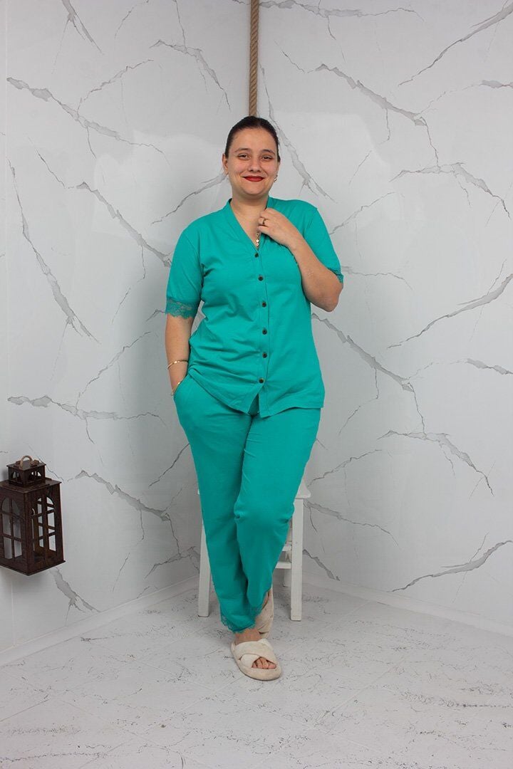Kadın Yeşil Pijama Takımı - Kısa Kol & Dantel Detaylı