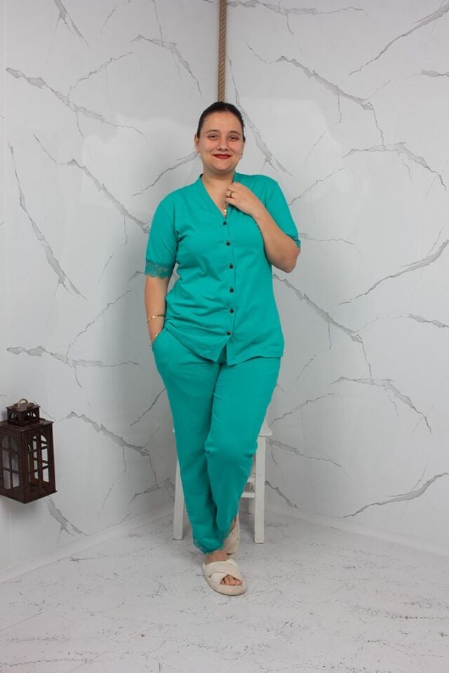 Kadın Yeşil Pijama Takımı - Kısa Kol & Dantel Detaylı