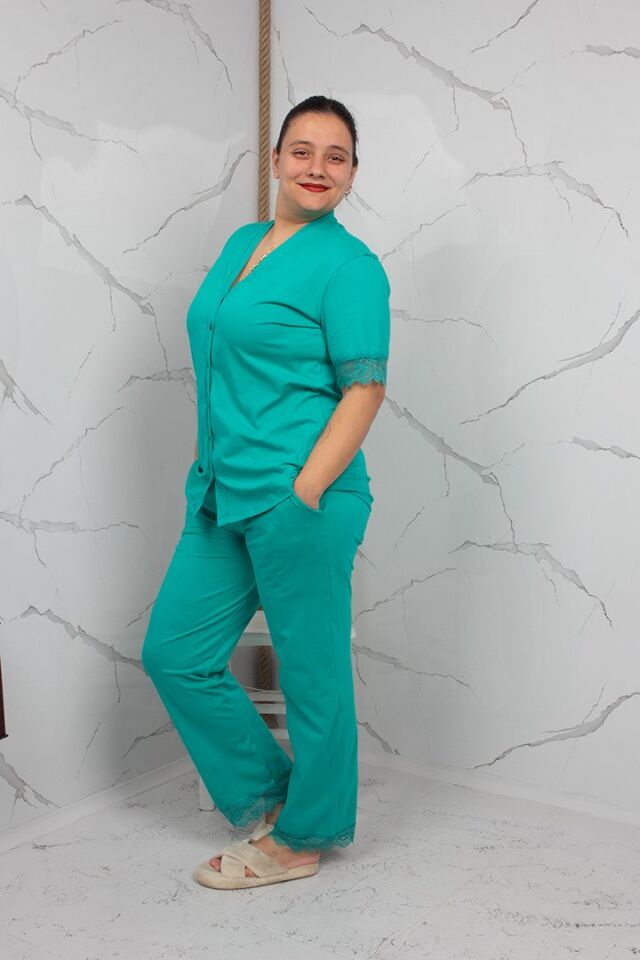 Kadın Yeşil Pijama Takımı - Kısa Kol & Dantel Detaylı
