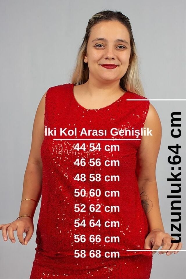 Büyük Beden Astarlı Pul Payet Kırmızı Beden Işıltılı ve Şık Bluz