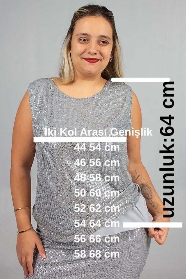Büyük Beden Astarlı Pul Payet Beden Işıltılı ve Zarif Bluz