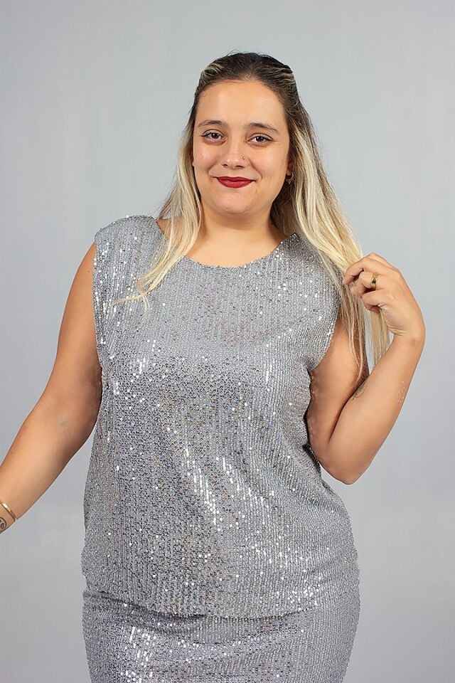 Büyük Beden Astarlı Pul Payet Beden Işıltılı ve Zarif Bluz