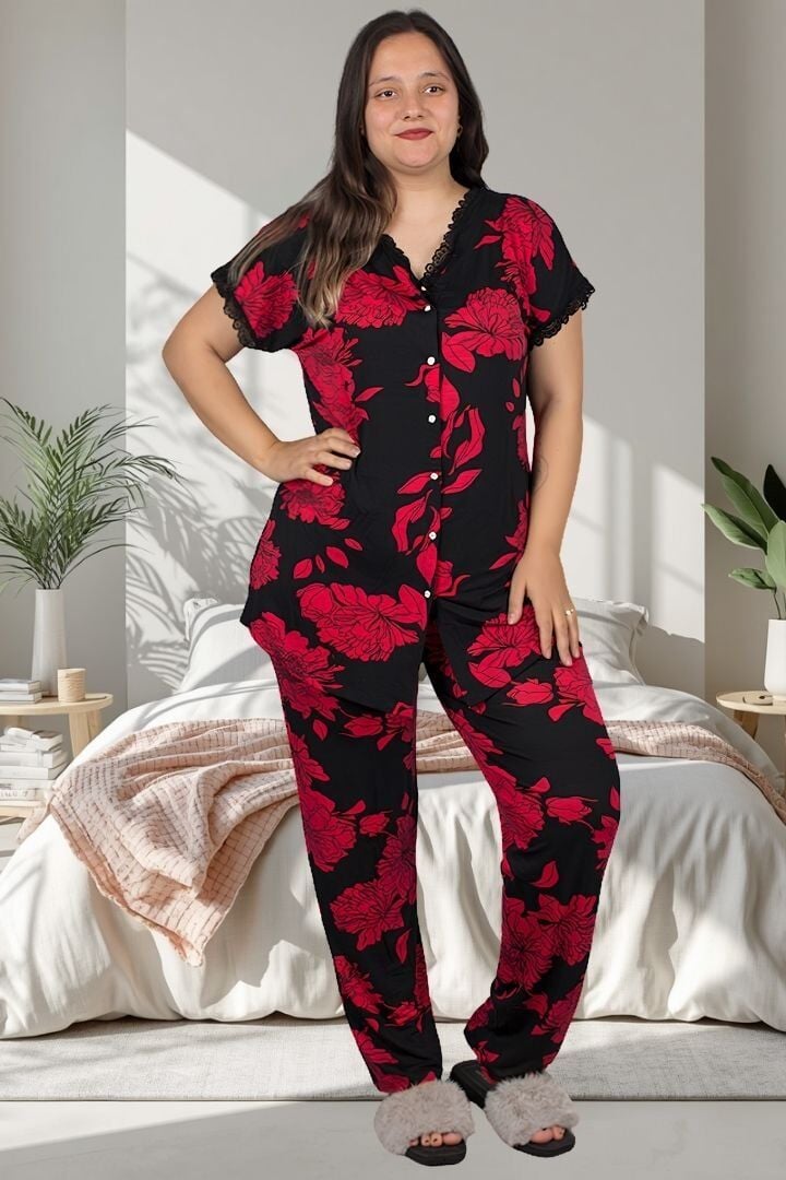 Çiçek Desenli Likralı Viskon Düğmeli Kadın Pijama Takımı