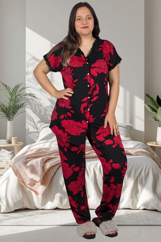 Çiçek Desenli Likralı Viskon Düğmeli Kadın Pijama Takımı