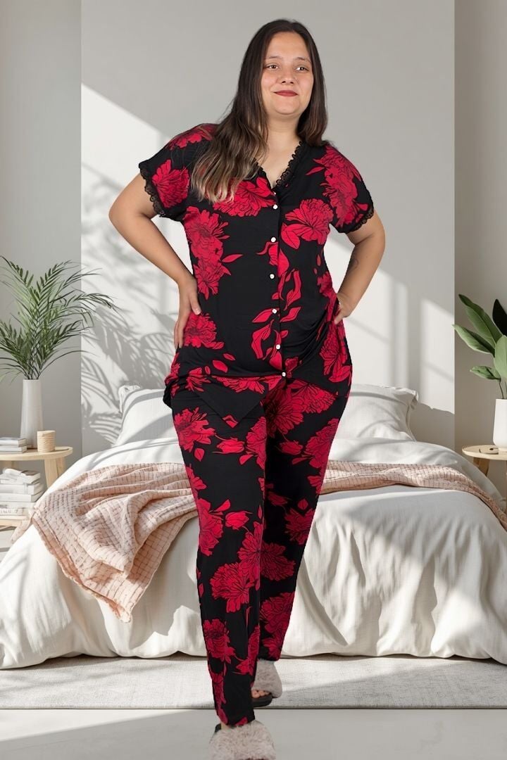 Çiçek Desenli Likralı Viskon Düğmeli Kadın Pijama Takımı