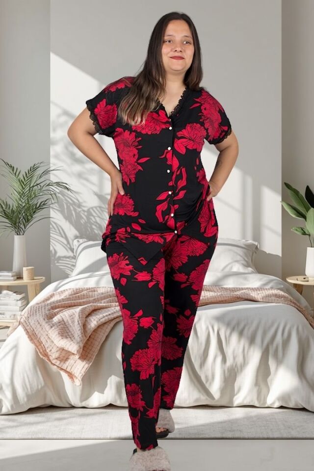 Çiçek Desenli Likralı Viskon Düğmeli Kadın Pijama Takımı