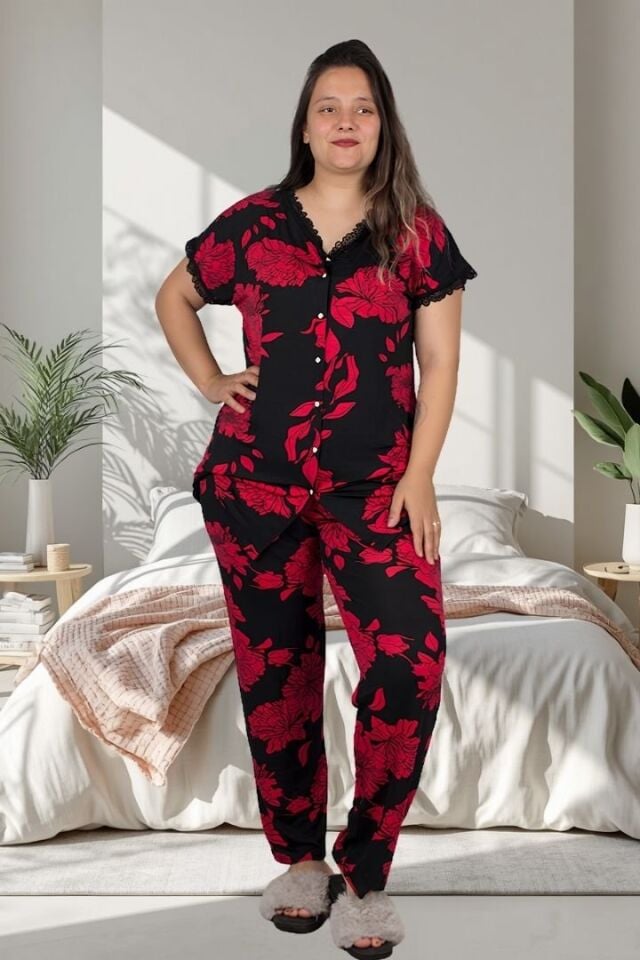Çiçek Desenli Likralı Viskon Düğmeli Kadın Pijama Takımı