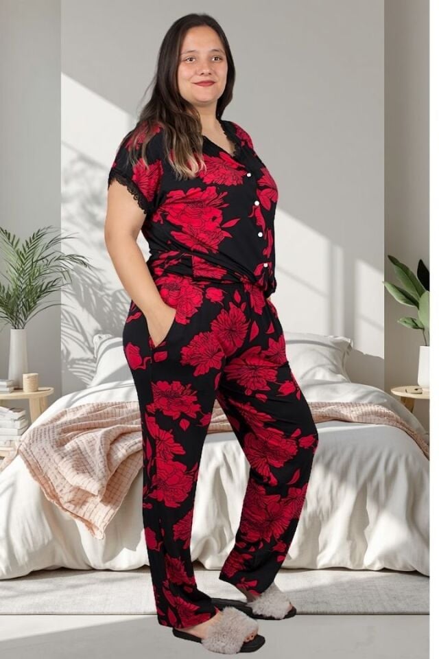 Çiçek Desenli Likralı Viskon Düğmeli Kadın Pijama Takımı