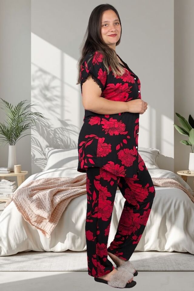 Çiçek Desenli Likralı Viskon Düğmeli Kadın Pijama Takımı