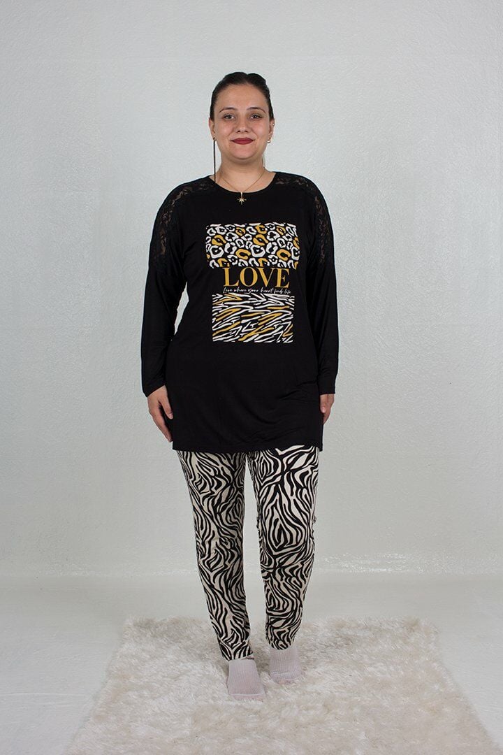 Büyük Beden Omuz Detaylı alt Zebra Desen Pijama Takım