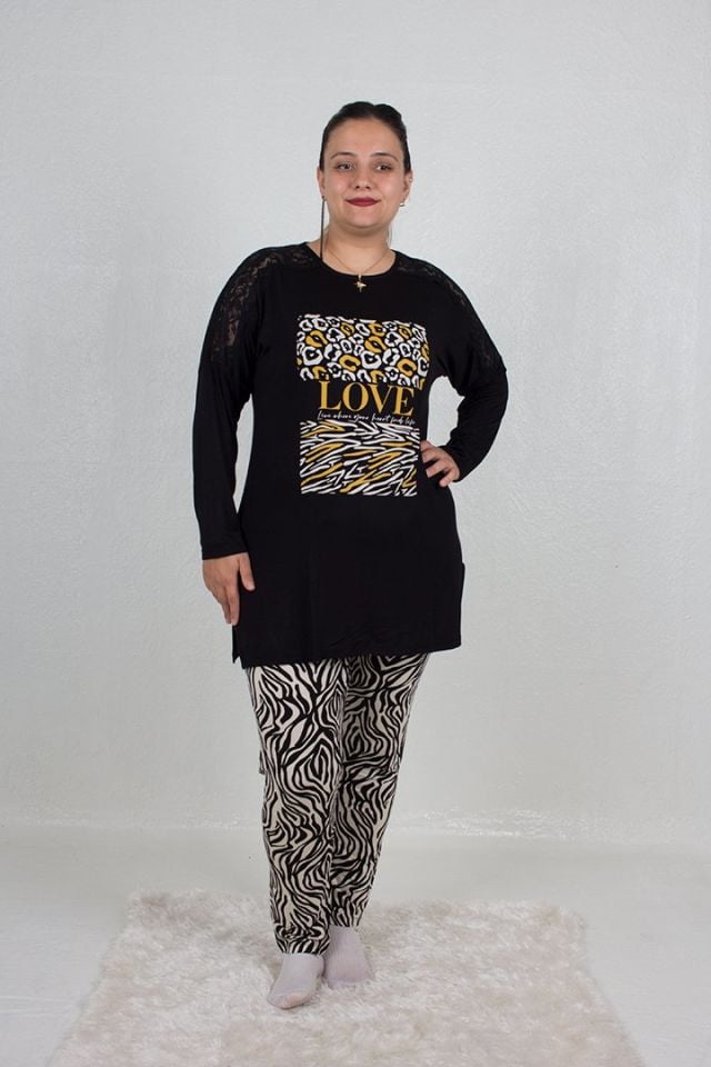 Büyük Beden Omuz Detaylı alt Zebra Desen Pijama Takım